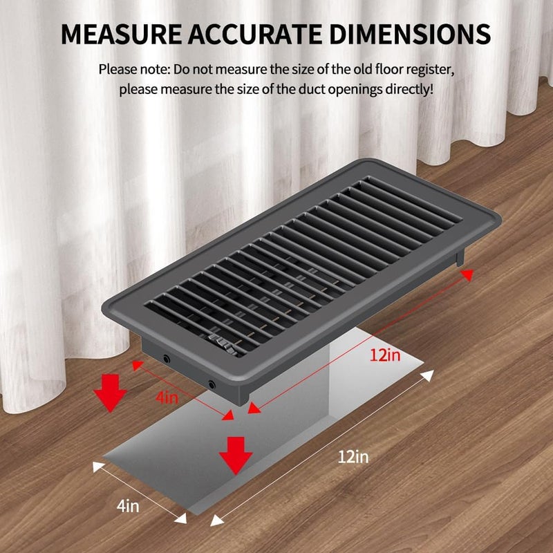FanGoFast 4"" x 12"" (Duct Opening Size) Floor Register Dark Gray 3 Pack Premium Steel Easy Adjust Floor Vent Cover for Home - Image 3